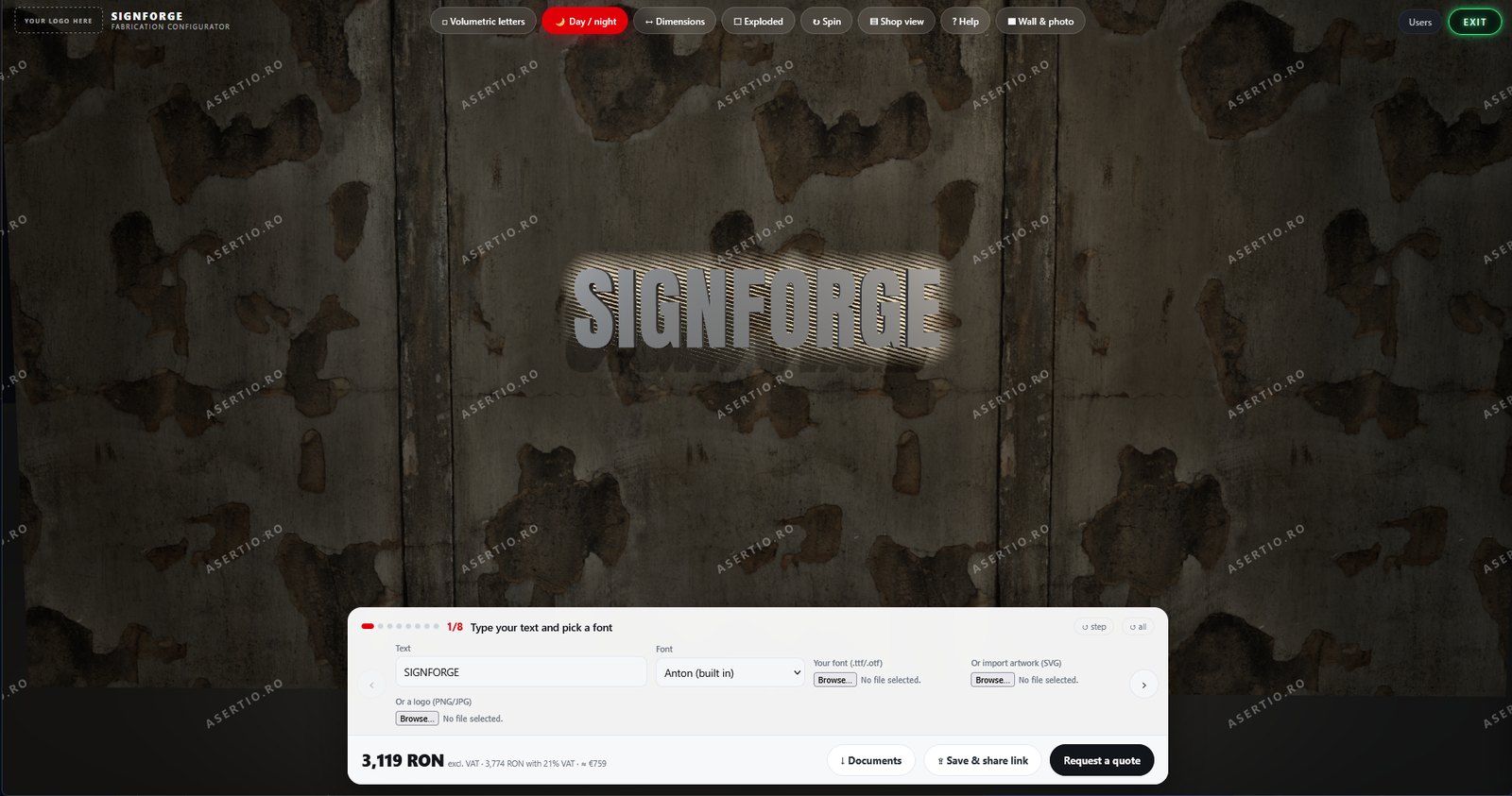 SignForge, il configuratore di insegne. Lettere scatolate viste in anteprima illuminate su una parete fotografata, con la procedura guidata in otto passaggi e il prezzo aggiornato in basso.