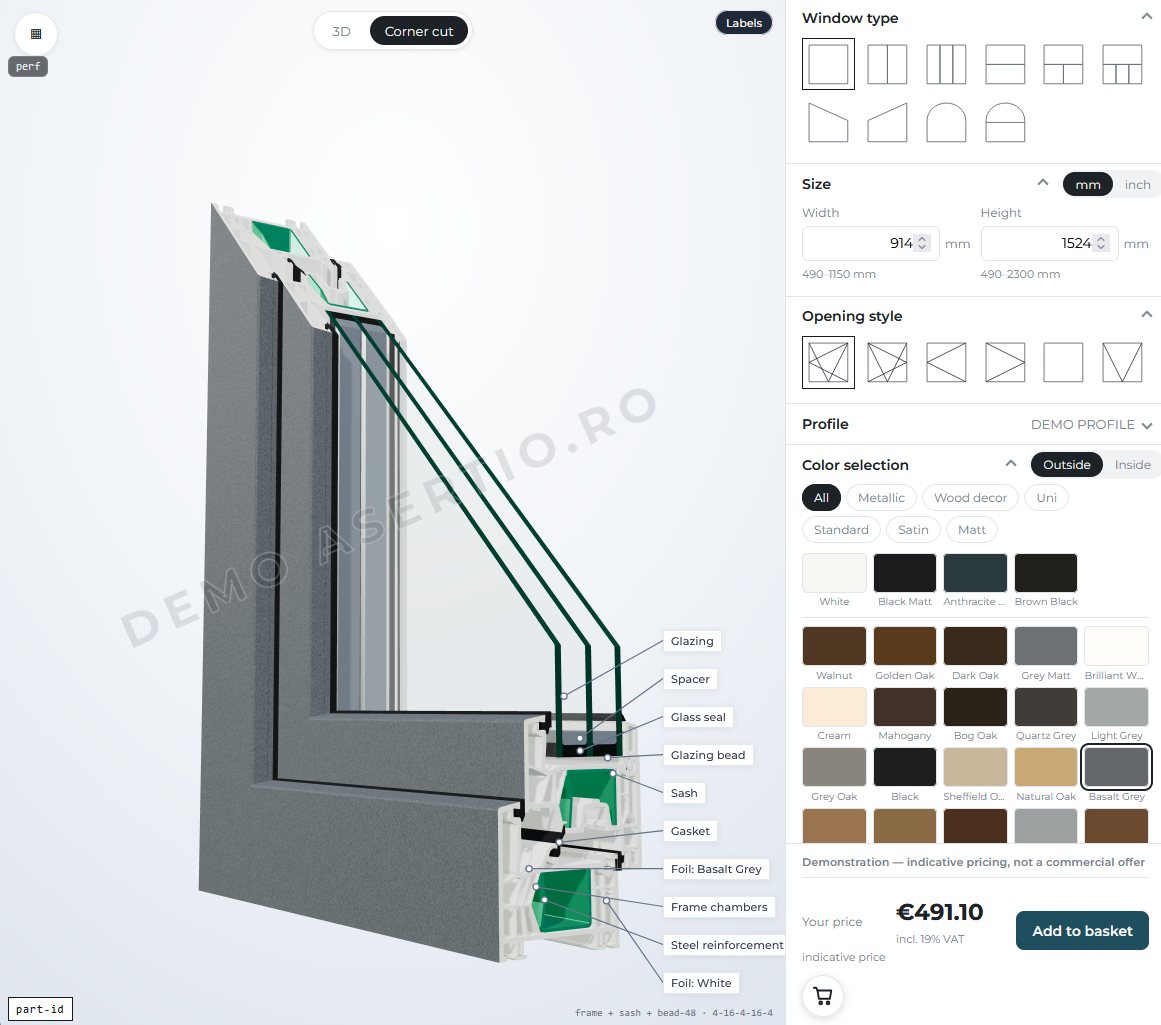 Il configuratore di serramenti. Una vista 3D in sezione di una finestra con ogni componente etichettato, accanto ai comandi per tipologia, dimensioni al millimetro, tipo di apertura, sistema di profili e finitura, con il prezzo in tempo reale.
